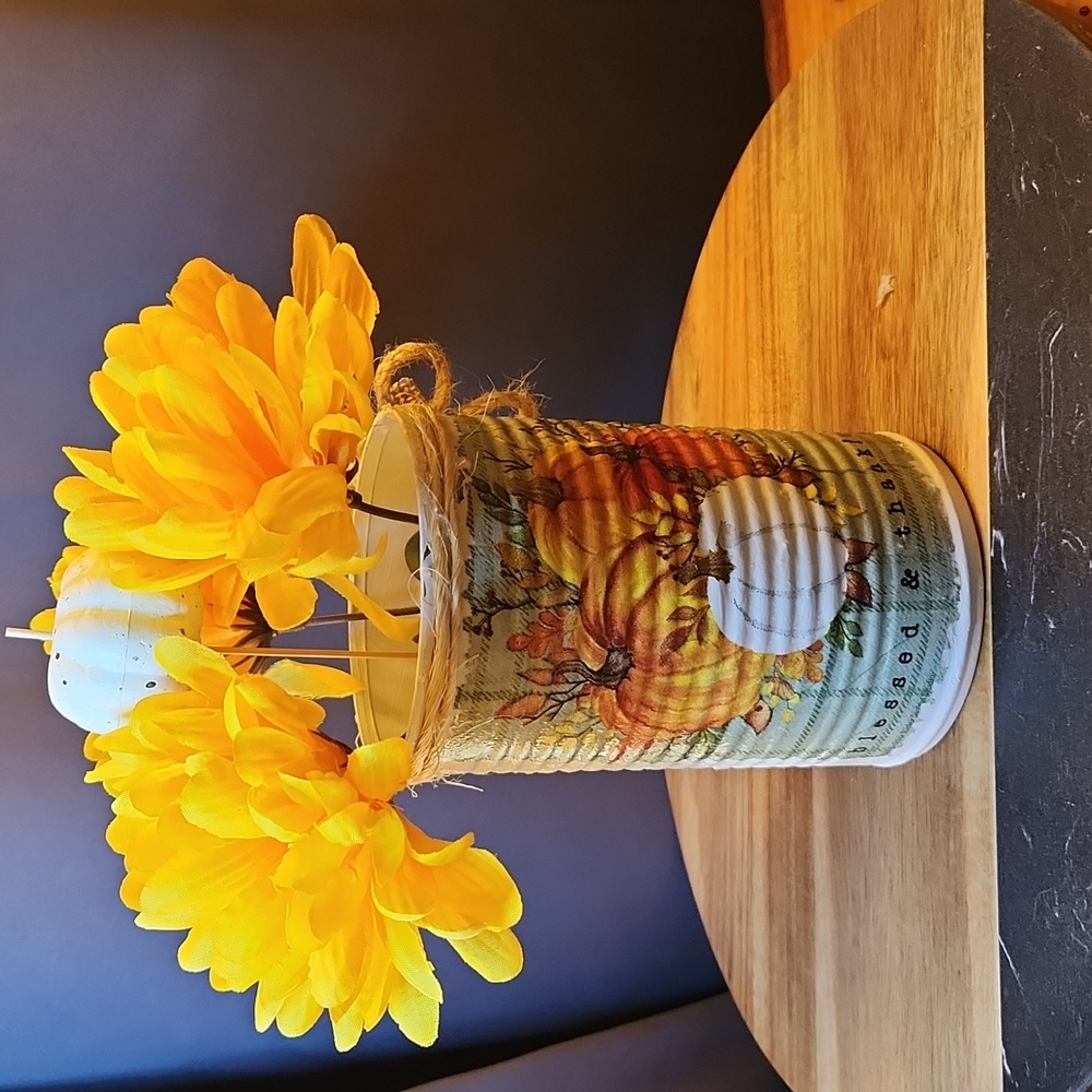 Decoupage Upcycled Tin with Faux Fall Flowers Blessed and Thankful